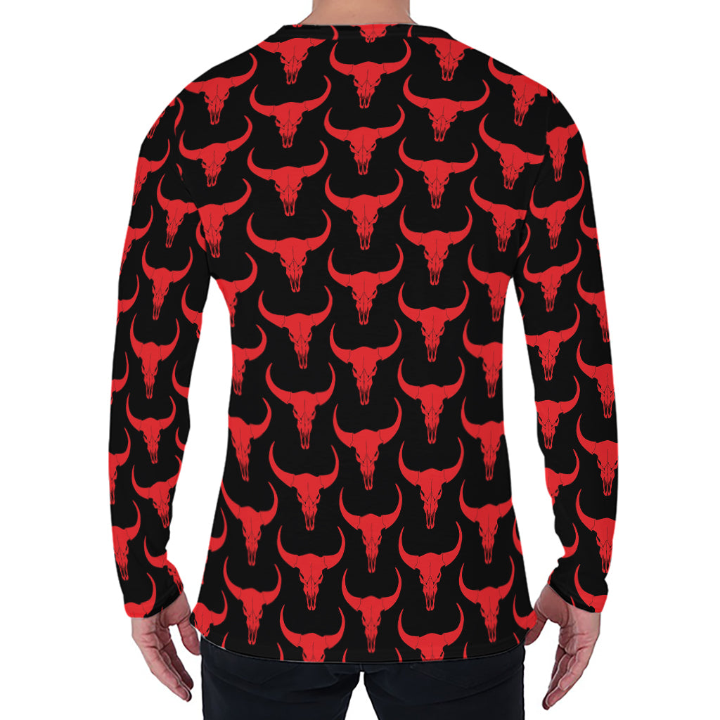 Red And Black Bull Skull Pattern Print Men's Long Sleeve T-Shirt