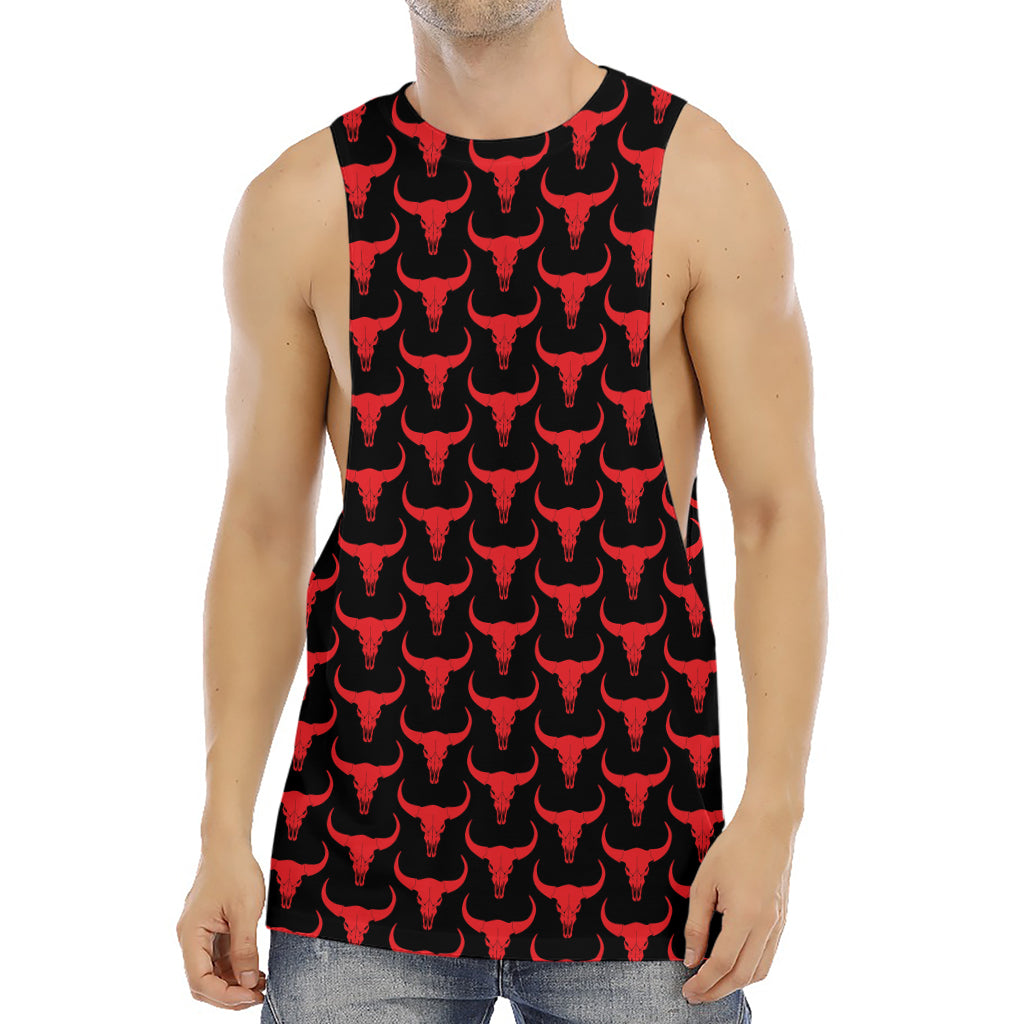 Red And Black Bull Skull Pattern Print Men's Muscle Tank Top