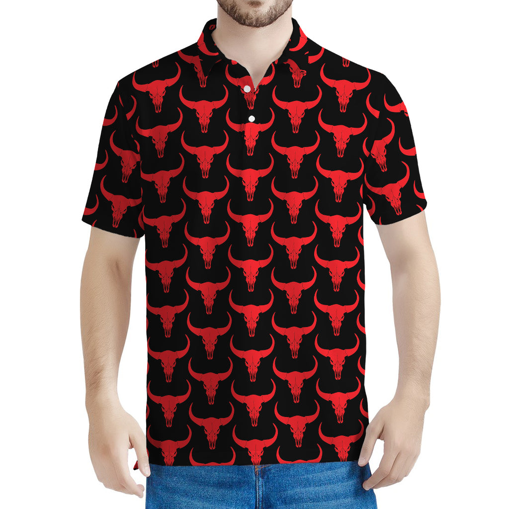 Red And Black Bull Skull Pattern Print Men's Polo Shirt