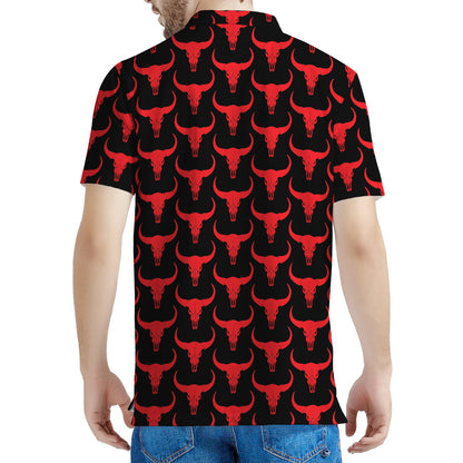 Red And Black Bull Skull Pattern Print Men's Polo Shirt
