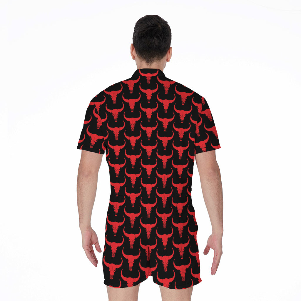 Red And Black Bull Skull Pattern Print Men's Rompers