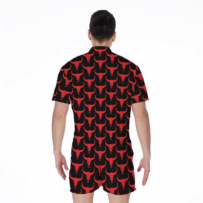 Red And Black Bull Skull Pattern Print Men's Rompers
