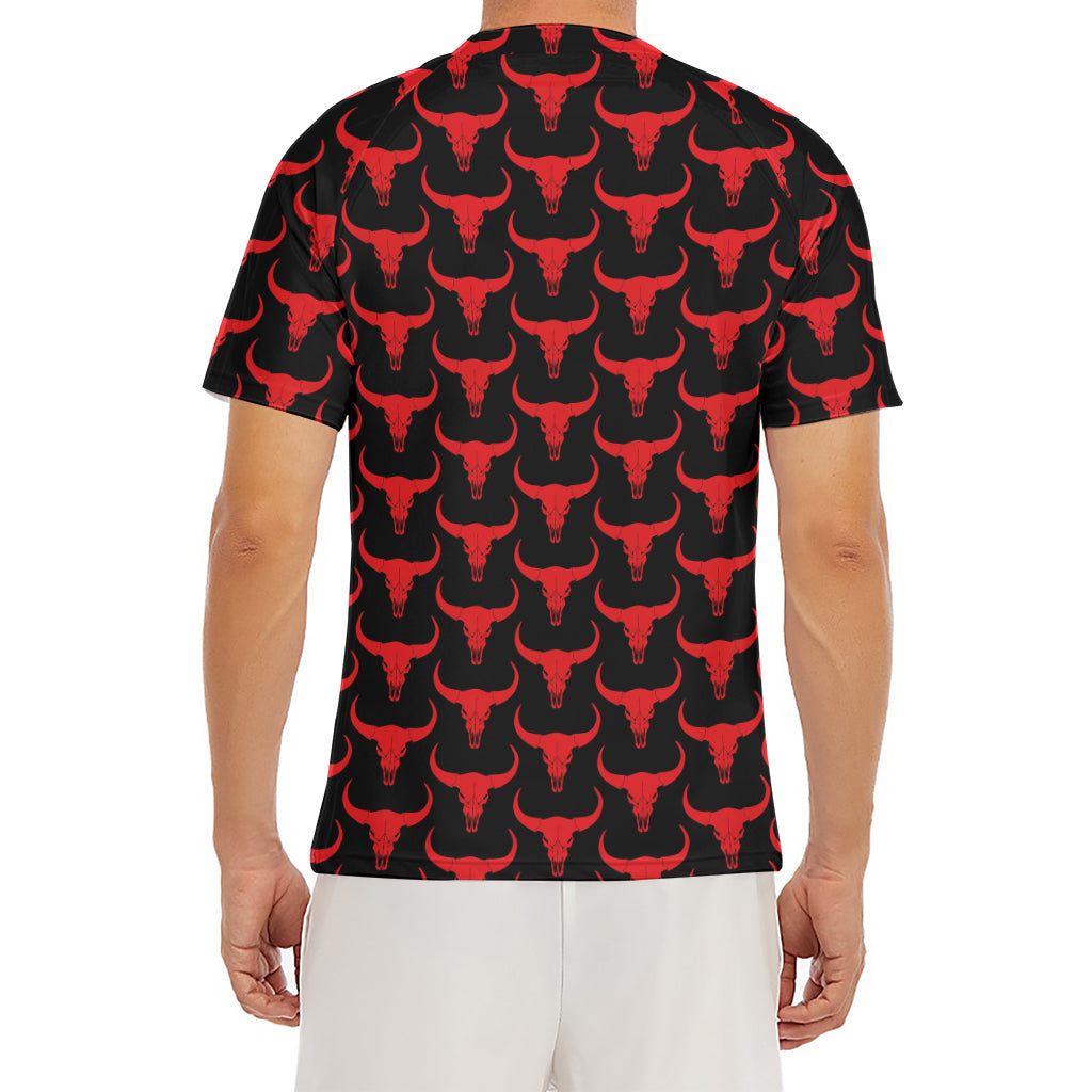 Red And Black Bull Skull Pattern Print Men's Short Sleeve Rash Guard