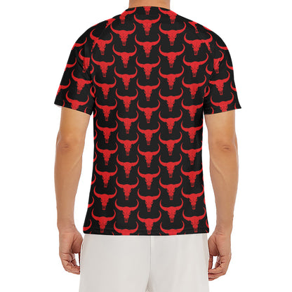 Red And Black Bull Skull Pattern Print Men's Short Sleeve Rash Guard