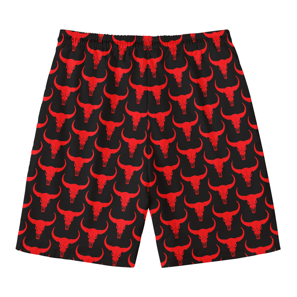 Red And Black Bull Skull Pattern Print Men's Swim Trunks