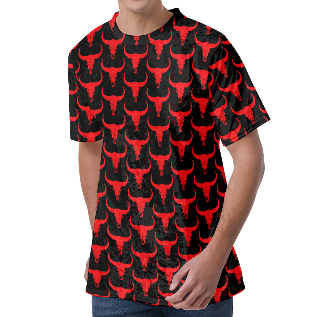 Red And Black Bull Skull Pattern Print Men's Velvet T-Shirt