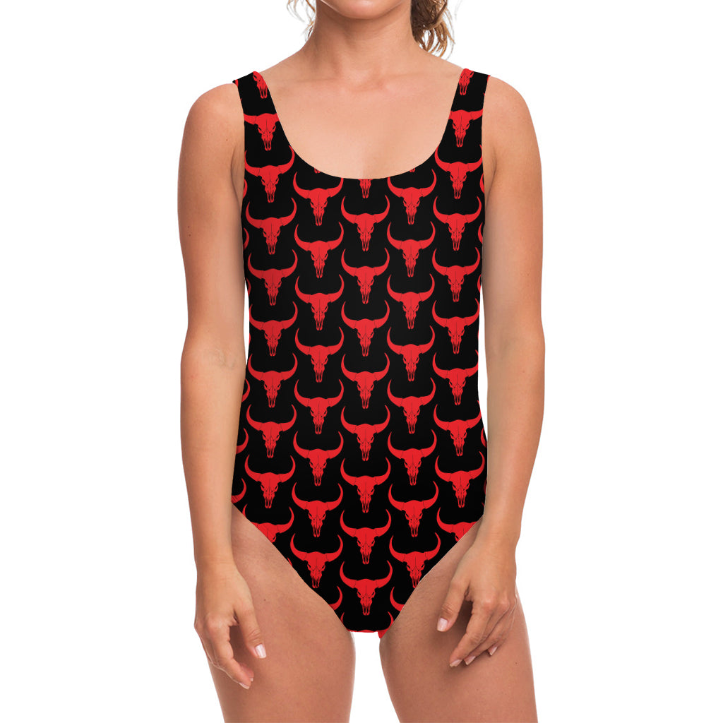 Red And Black Bull Skull Pattern Print One Piece Swimsuit