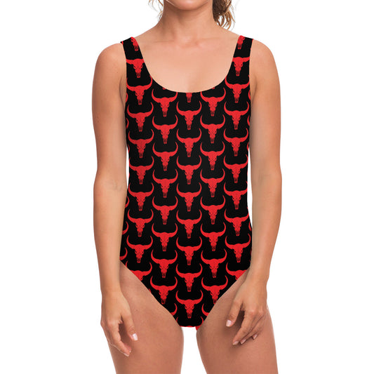 Red And Black Bull Skull Pattern Print One Piece Swimsuit