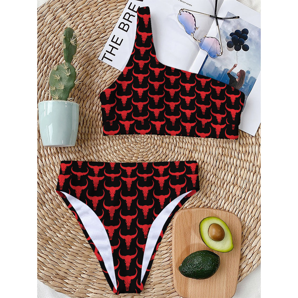 Red And Black Bull Skull Pattern Print One Shoulder Bikini Top