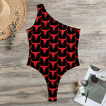 Red And Black Bull Skull Pattern Print One Shoulder Bodysuit