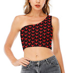 Red And Black Bull Skull Pattern Print One Shoulder Crop Top