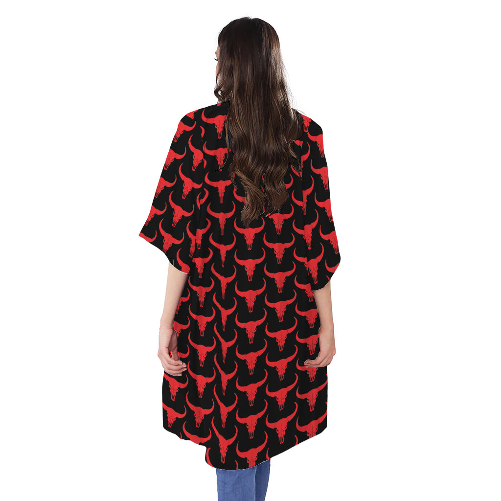 Red And Black Bull Skull Pattern Print Open Front Beach Cover Up