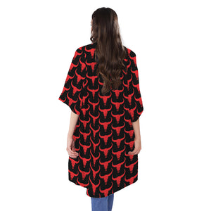 Red And Black Bull Skull Pattern Print Open Front Beach Cover Up