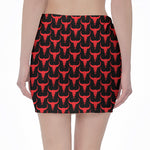 Red And Black Bull Skull Pattern Print Pencil Mini Skirt