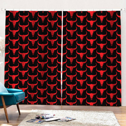 Red And Black Bull Skull Pattern Print Pencil Pleat Curtains
