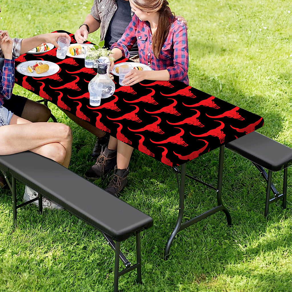 Red And Black Bull Skull Pattern Print Picnic Table Cover