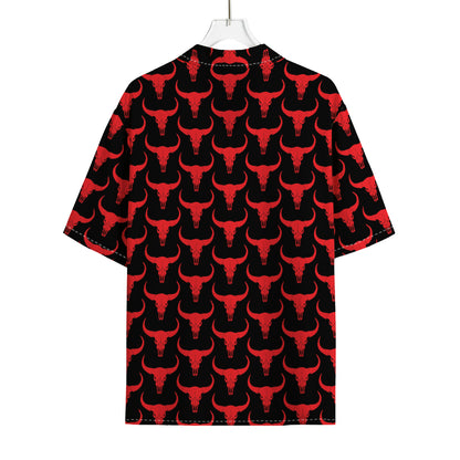 Red And Black Bull Skull Pattern Print Rayon Hawaiian Shirt