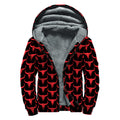 Red And Black Bull Skull Pattern Print Sherpa Lined Zip Up Hoodie