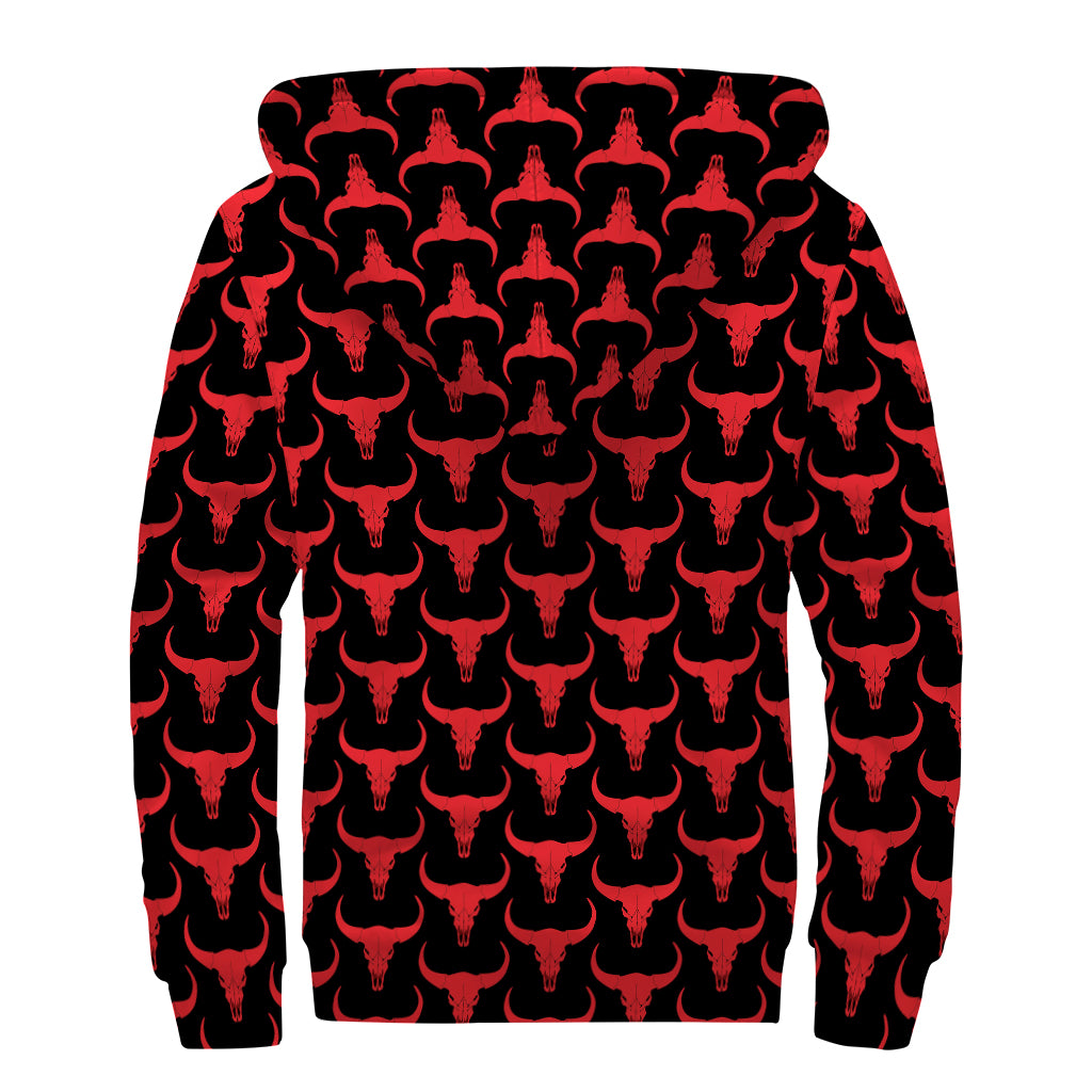 Red And Black Bull Skull Pattern Print Sherpa Lined Zip Up Hoodie