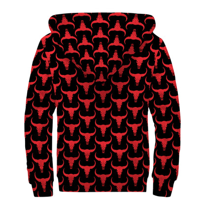 Red And Black Bull Skull Pattern Print Sherpa Lined Zip Up Hoodie