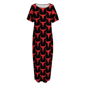 Red And Black Bull Skull Pattern Print Short Sleeve Long Nightdress