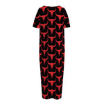 Red And Black Bull Skull Pattern Print Short Sleeve Long Nightdress