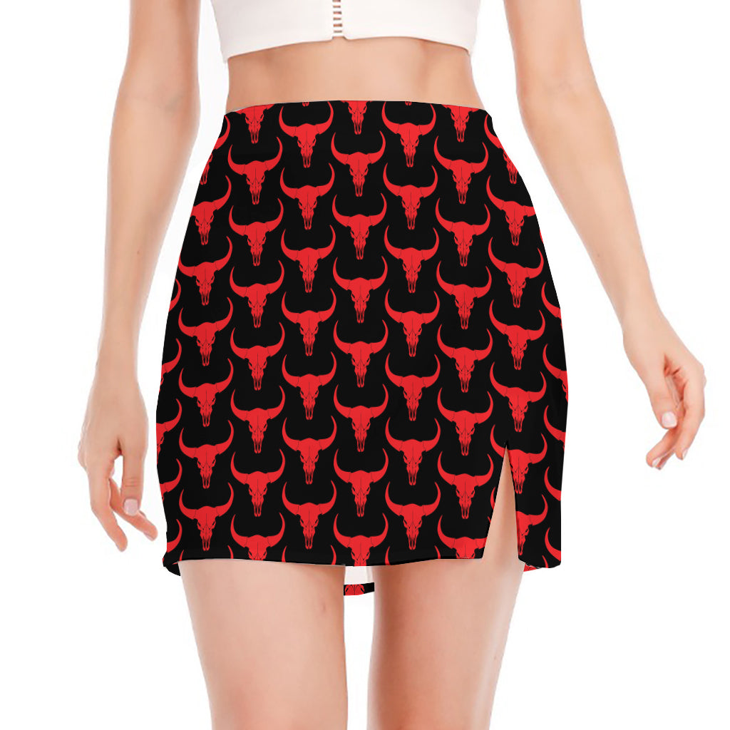 Red And Black Bull Skull Pattern Print Side Slit Mini Skirt