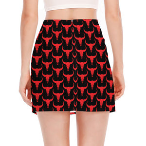 Red And Black Bull Skull Pattern Print Side Slit Mini Skirt