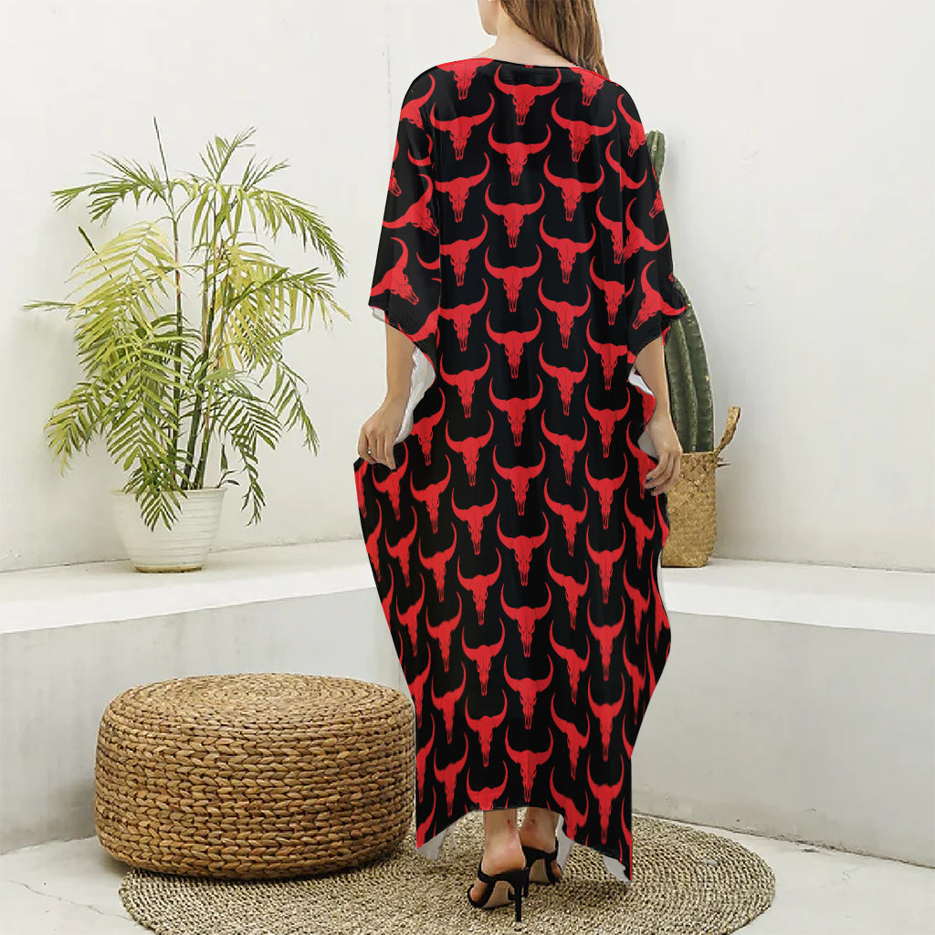 Red And Black Bull Skull Pattern Print Silk V-Neck Kaftan Dress