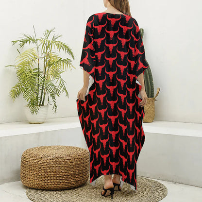 Red And Black Bull Skull Pattern Print Silk V-Neck Kaftan Dress