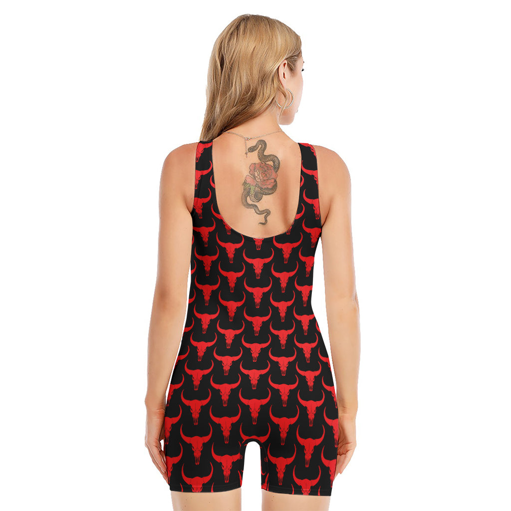 Red And Black Bull Skull Pattern Print Sleeveless One Piece Swimsuit