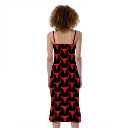 Red And Black Bull Skull Pattern Print Slim Fit Midi Cami Dress