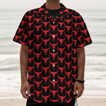 Red And Black Bull Skull Pattern Print Textured Short Sleeve Shirt