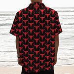Red And Black Bull Skull Pattern Print Textured Short Sleeve Shirt
