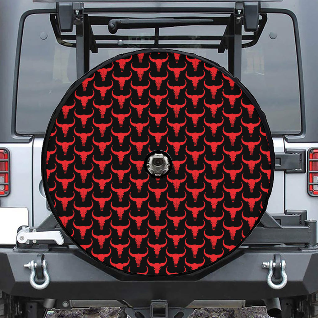Red And Black Bull Skull Pattern Print Tire Cover With Camera Hole