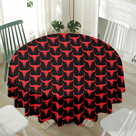 Red And Black Bull Skull Pattern Print Waterproof Round Tablecloth