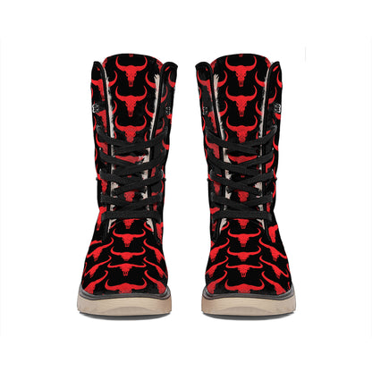 Red And Black Bull Skull Pattern Print Winter Boots