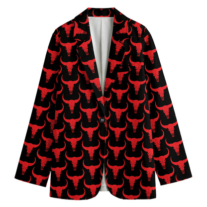 Red And Black Bull Skull Pattern Print Women's Blazer