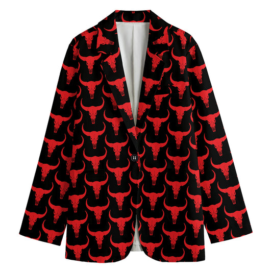 Red And Black Bull Skull Pattern Print Women's Blazer