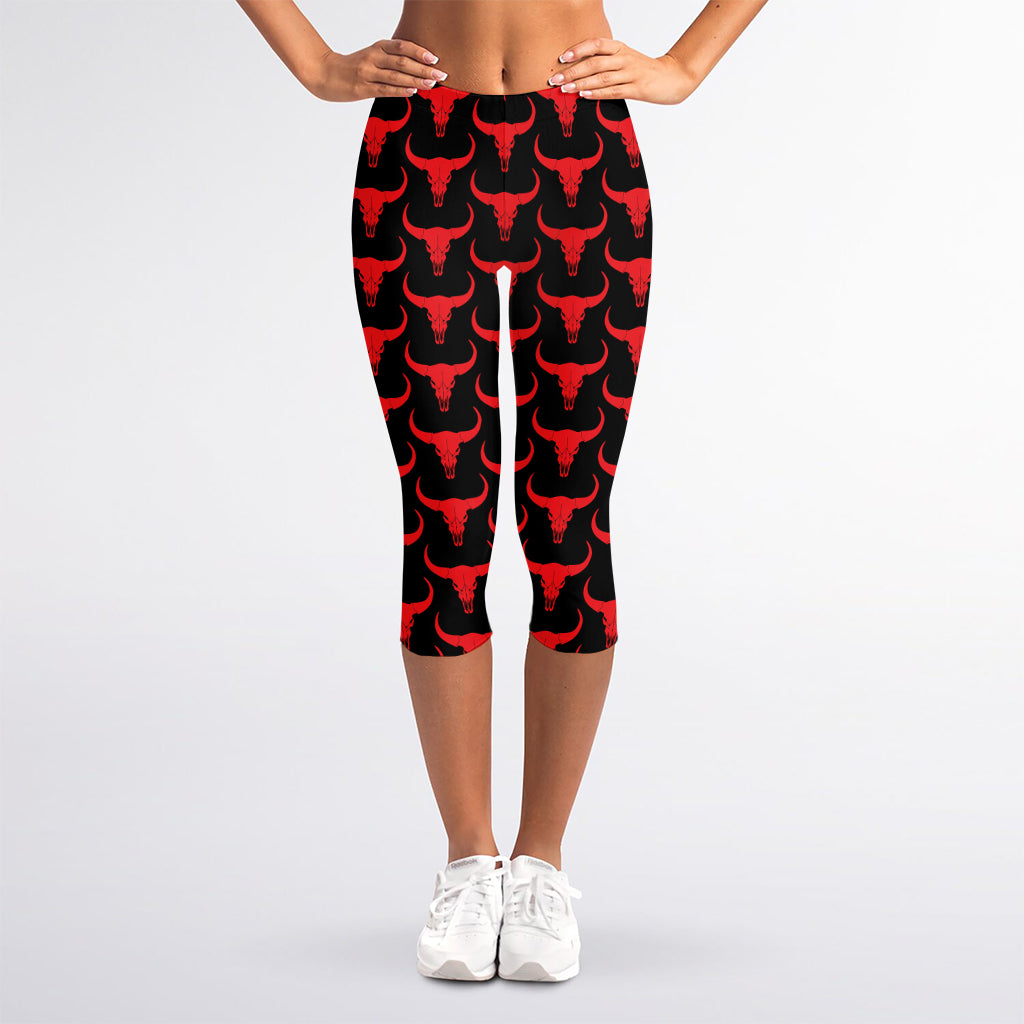 Red And Black Bull Skull Pattern Print Women's Capri Leggings