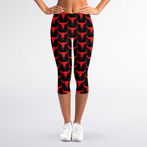 Red And Black Bull Skull Pattern Print Women's Capri Leggings