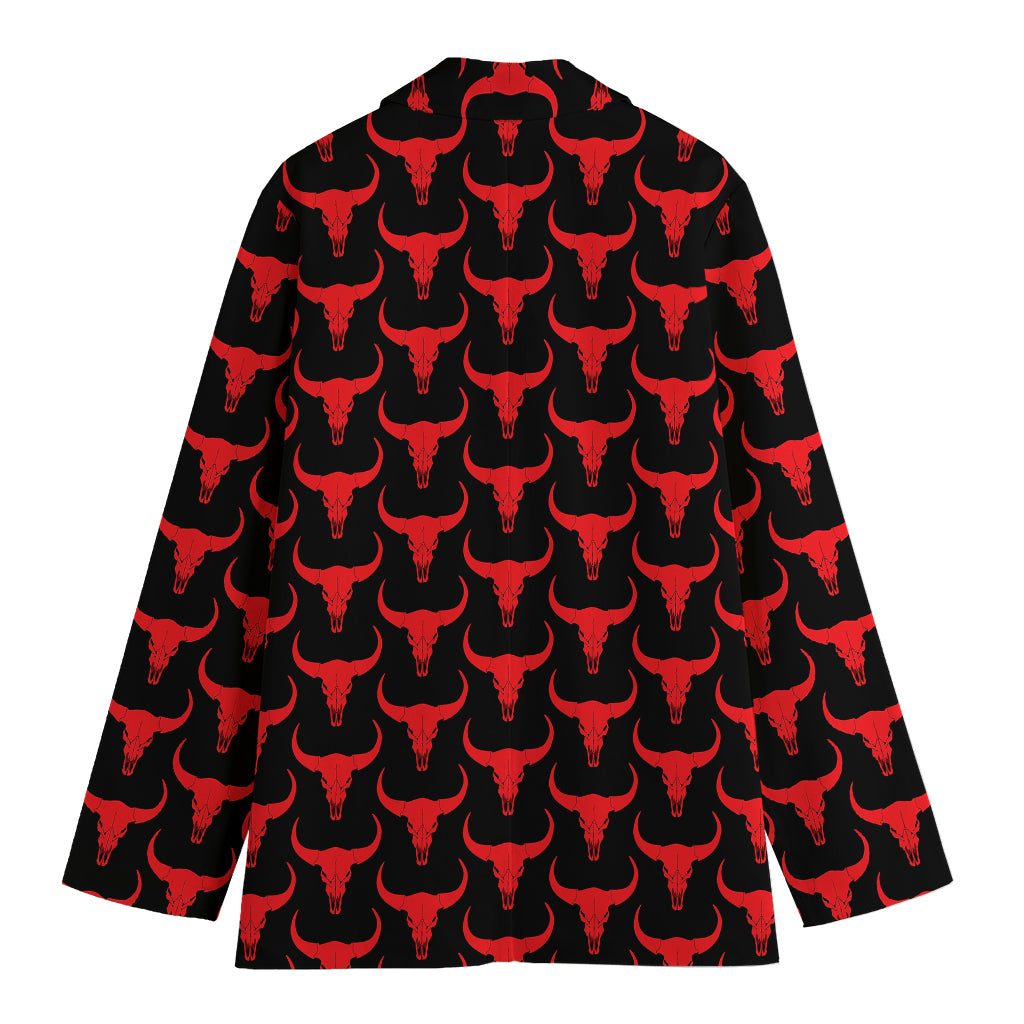Red And Black Bull Skull Pattern Print Women's Cotton Blazer