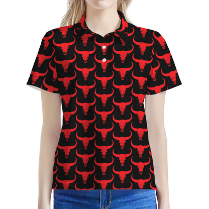 Red And Black Bull Skull Pattern Print Women's Polo Shirt