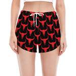 Red And Black Bull Skull Pattern Print Women's Split Running Shorts