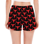 Red And Black Bull Skull Pattern Print Women's Split Running Shorts