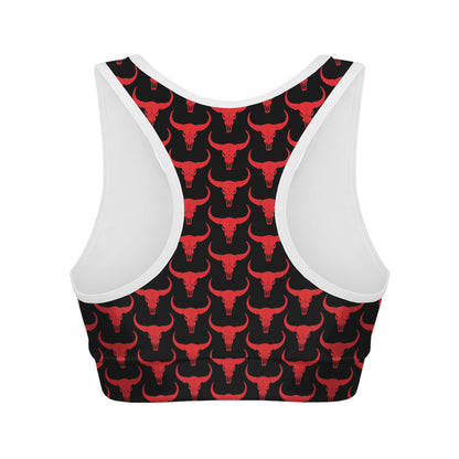 Red And Black Bull Skull Pattern Print Women's Sports Bra