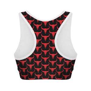 Red And Black Bull Skull Pattern Print Women's Sports Bra