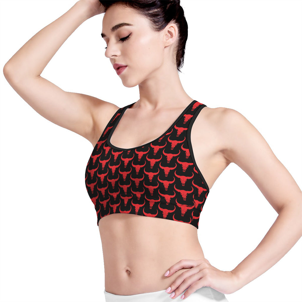 Red And Black Bull Skull Pattern Print Women's Sports Bra