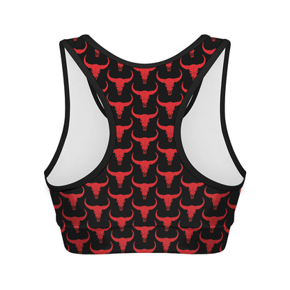 Red And Black Bull Skull Pattern Print Women's Sports Bra