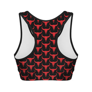 Red And Black Bull Skull Pattern Print Women's Sports Bra